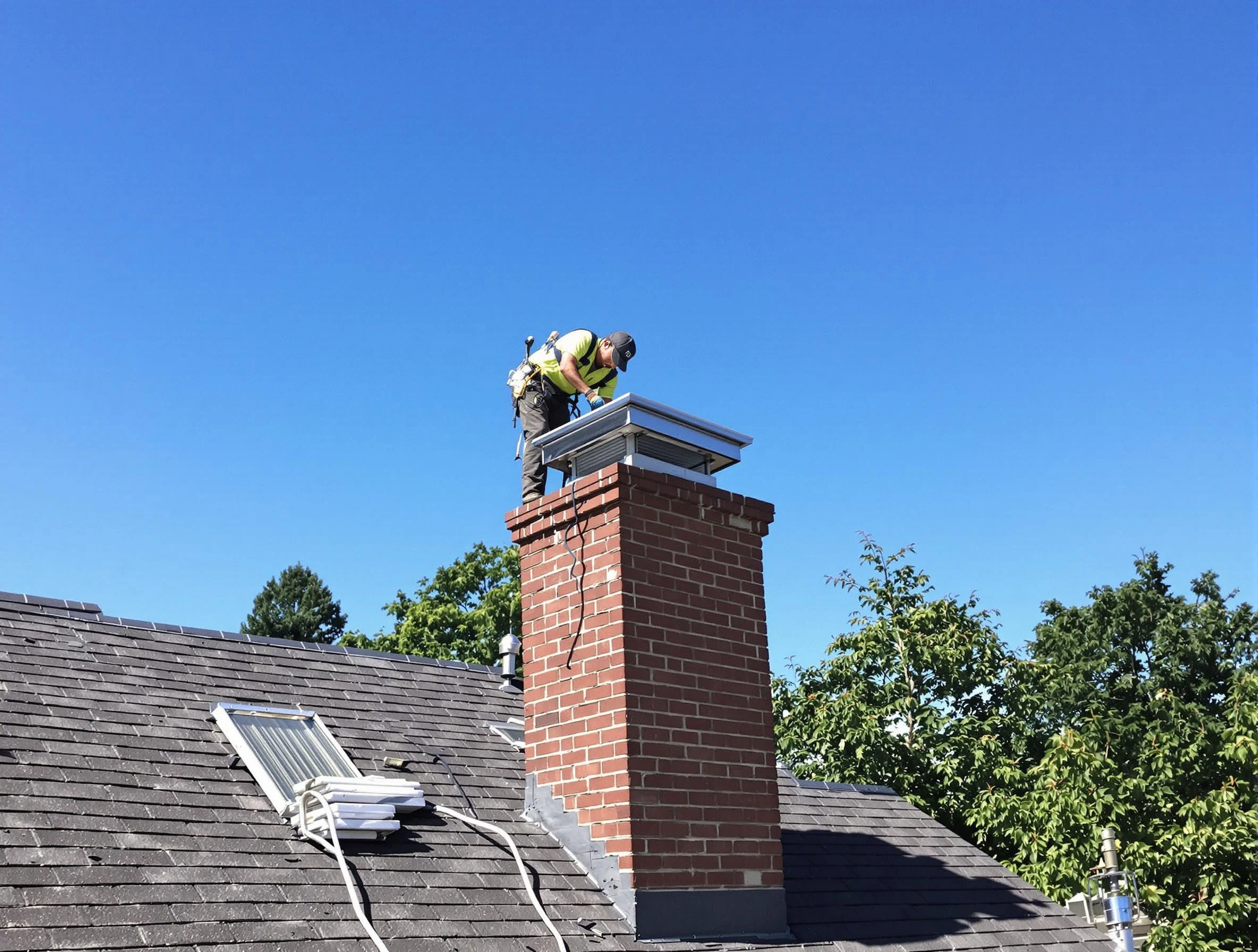 Gardendale Chimney Sweep technician measuring a chimney cap in Gardendale, AL